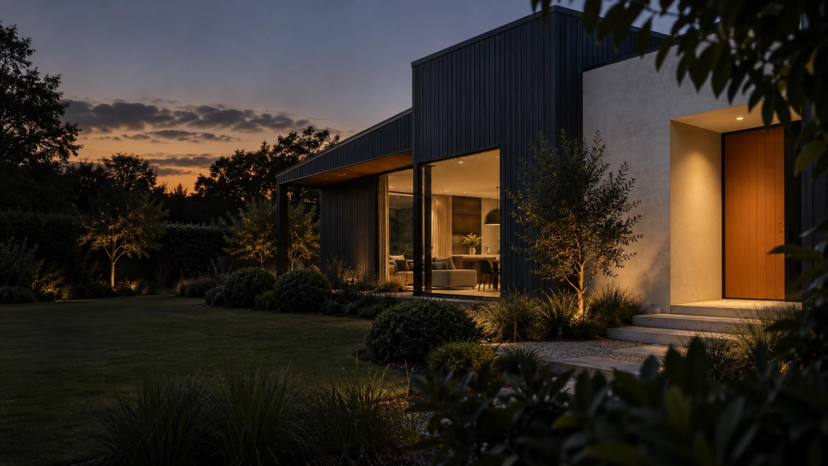 Architectural home at dusk, an illustrative Precision brand concept